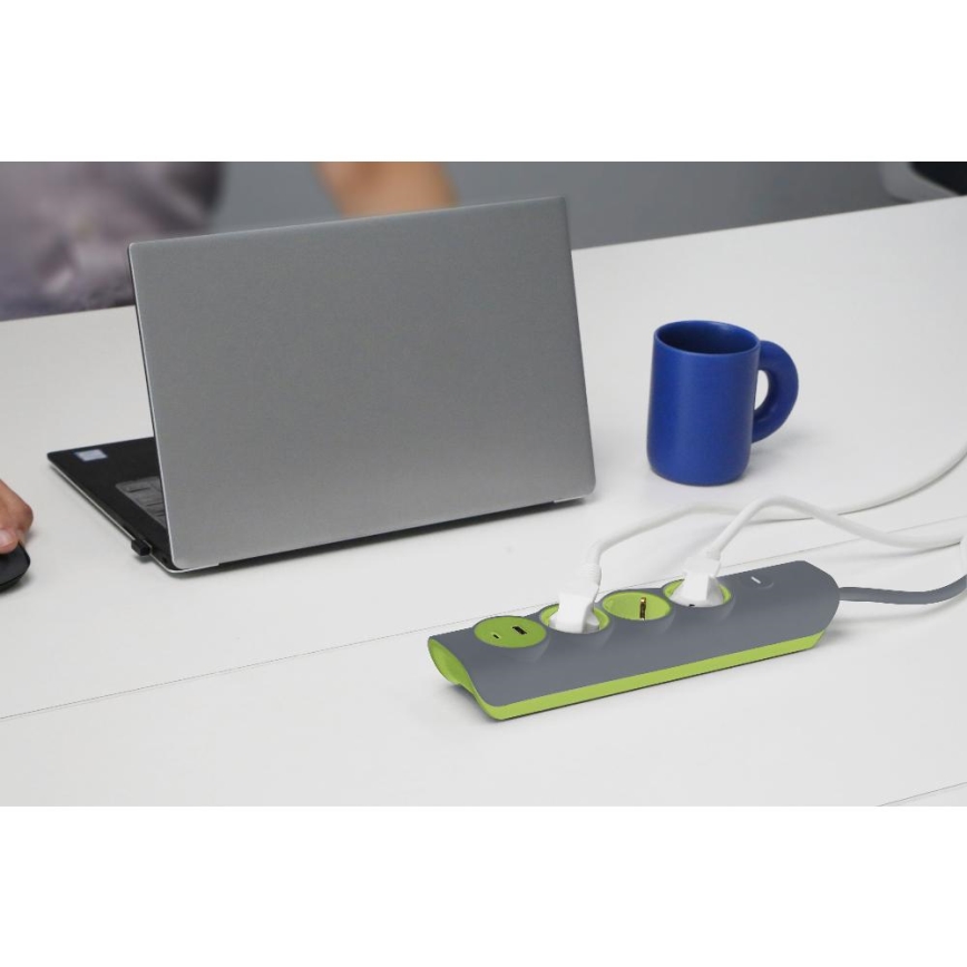 Retlux - Strāvas pagarinātājs ar slēdzi, 3 kontaktligzdas, E tipa spraudnis, 1x USB‑A + 1x USB‑C, 1,4 m, pelēks