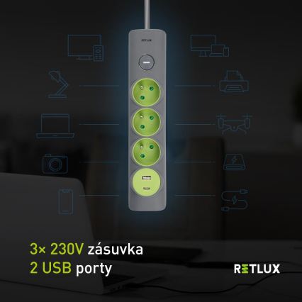Retlux - Strāvas pagarinātājs ar slēdzi, 3 kontaktligzdas, E tipa spraudnis, 1x USB‑A + 1x USB‑C, 1,4 m, pelēks
