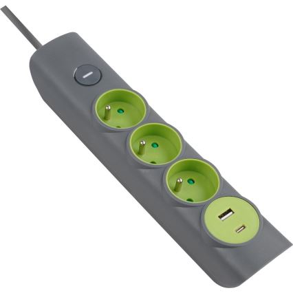 Retlux - Strāvas pagarinātājs ar slēdzi, 3 kontaktligzdas, E tipa spraudnis, 1x USB‑A + 1x USB‑C, 1,4 m, pelēks