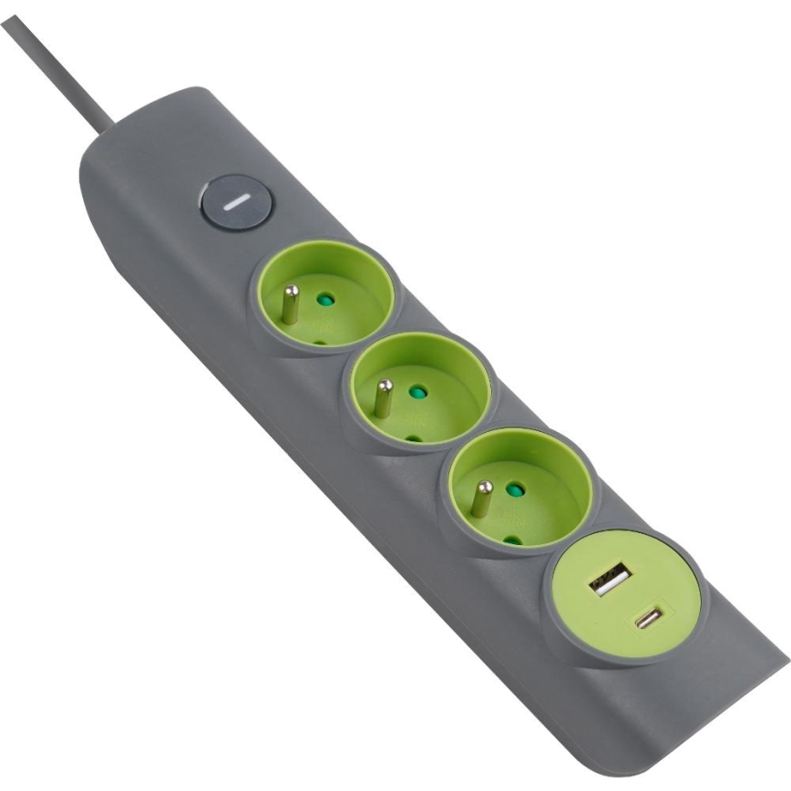 Retlux - Strāvas pagarinātājs ar slēdzi, 3 kontaktligzdas, E tipa spraudnis, 1x USB‑A + 1x USB‑C, 1,4 m, pelēks