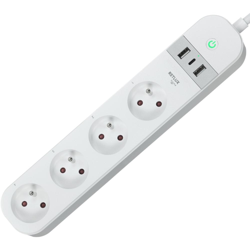 Viedā paplašinājums vads ar slēdzi 4Z Tips E + 2x USB-A + 1x USB-C 1,5m Wi-Fi Tuya balta