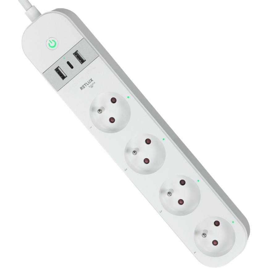 Viedā paplašinājums vads ar slēdzi 4Z Tips E + 2x USB-A + 1x USB-C 1,5m Wi-Fi Tuya balta