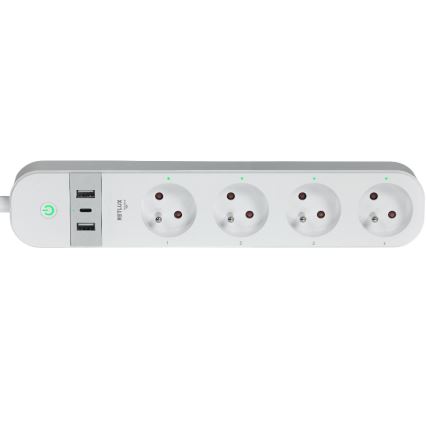 Viedā paplašinājums vads ar slēdzi 4Z Tips E + 2x USB-A + 1x USB-C 1,5m Wi-Fi Tuya balta