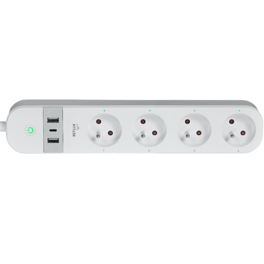 Viedā paplašinājums vads ar slēdzi 4Z Tips E + 2x USB-A + 1x USB-C 1,5m Wi-Fi Tuya balta