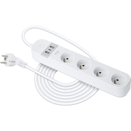 Viedā paplašinājums vads ar slēdzi 4Z Tips E + 2x USB-A + 1x USB-C 1,5m Wi-Fi Tuya balta