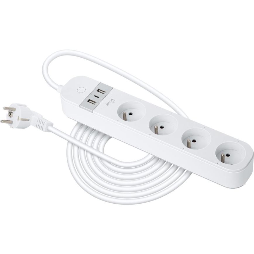Viedā paplašinājums vads ar slēdzi 4Z Tips E + 2x USB-A + 1x USB-C 1,5m Wi-Fi Tuya balta