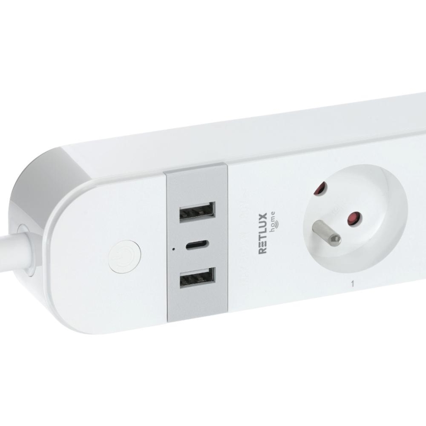 Viedā paplašinājums vads ar slēdzi 4Z Tips E + 2x USB-A + 1x USB-C 1,5m Wi-Fi Tuya balta