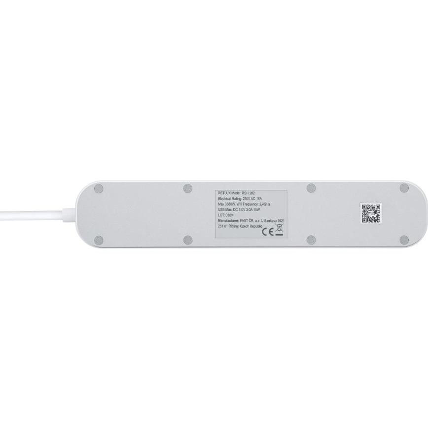 Viedā paplašinājums vads ar slēdzi 4Z Tips E + 2x USB-A + 1x USB-C 1,5m Wi-Fi Tuya balta