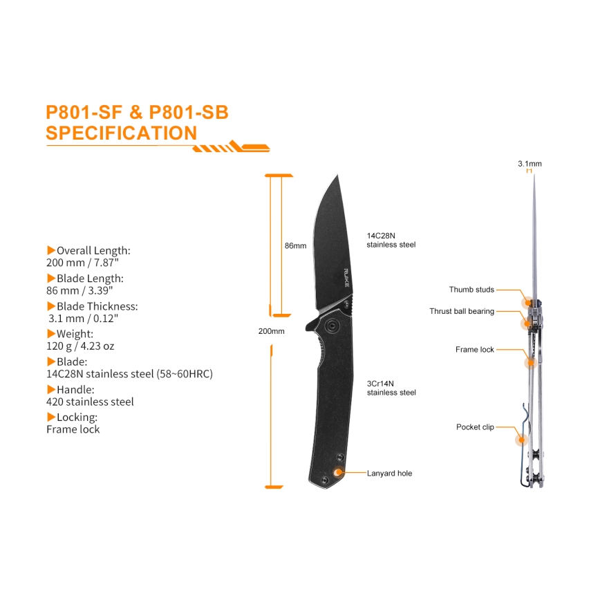Ruike RUP801SB - Saliekams kabatas nazis 20 cm pelēka