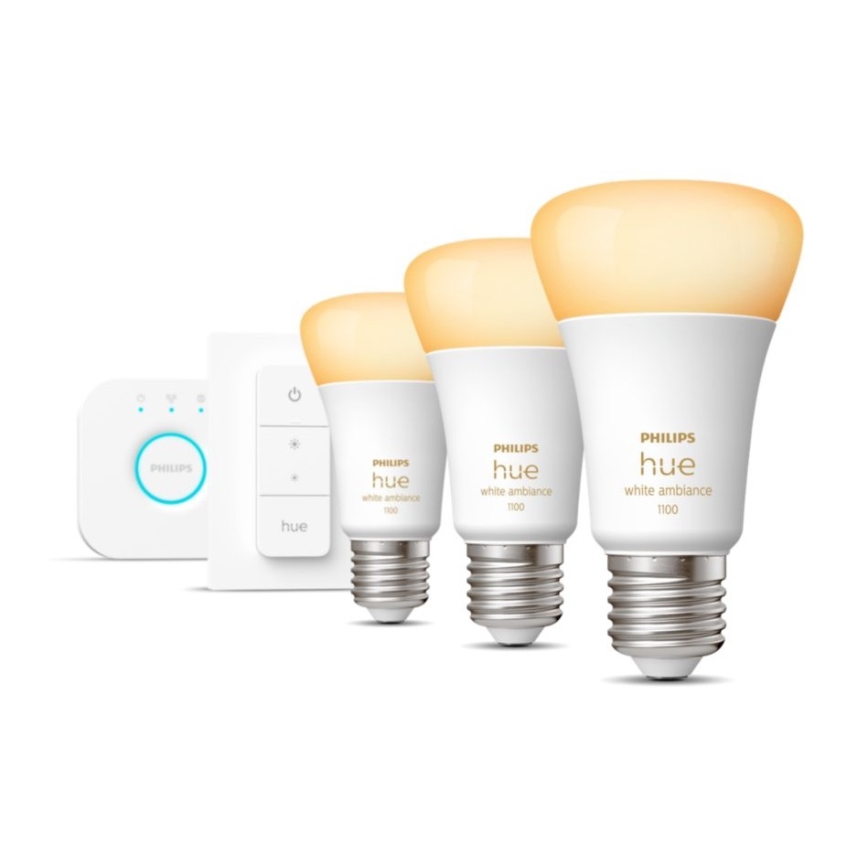 Philips Hue White Ambiance pamata komplekts 3xE27/11W 2200-6500K + Hue Bridge un dimmera slēdzis