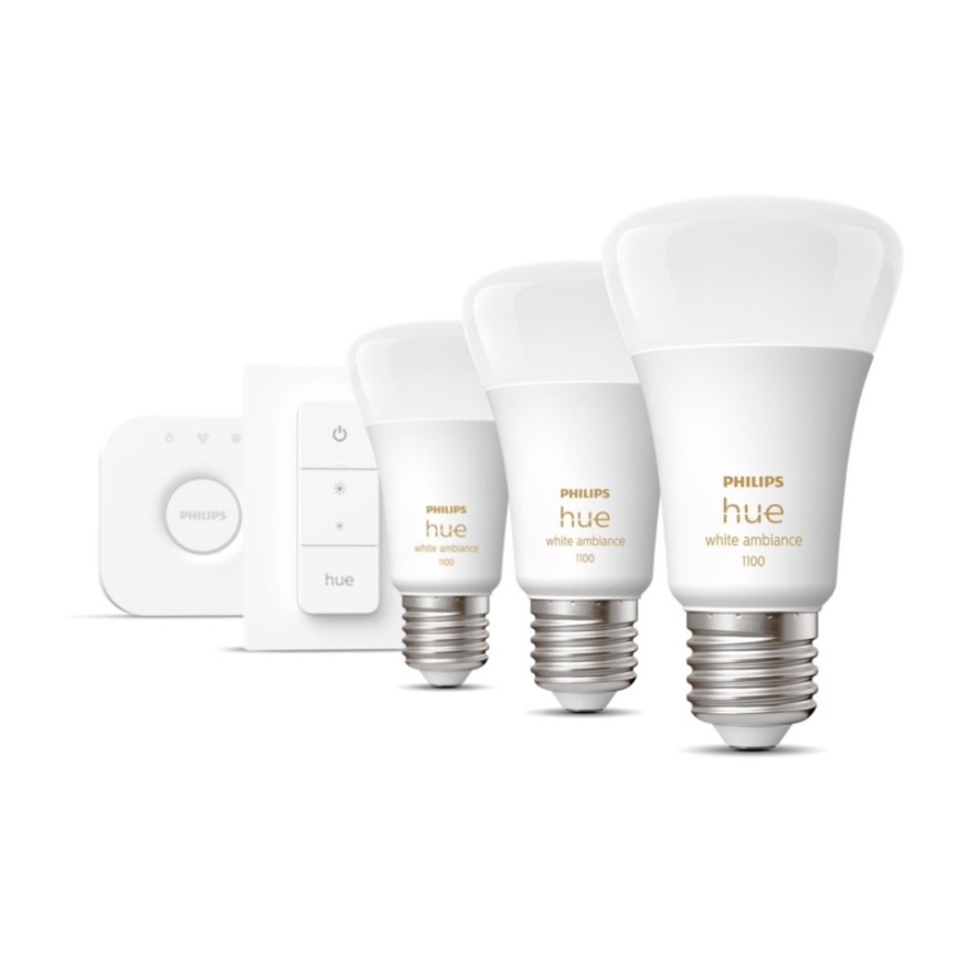 Philips Hue White Ambiance pamata komplekts 3xE27/11W 2200-6500K + Hue Bridge un dimmera slēdzis