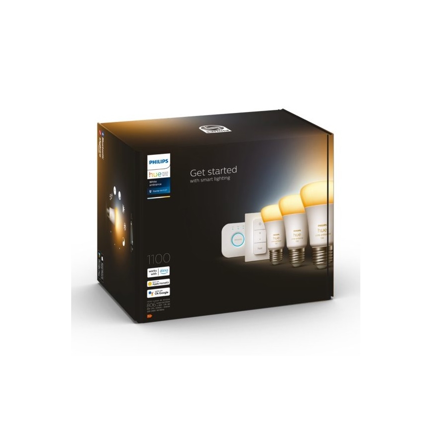 Philips Hue White Ambiance pamata komplekts 3xE27/11W 2200-6500K + Hue Bridge un dimmera slēdzis