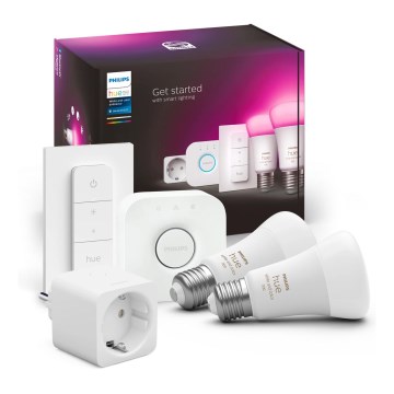 Sākuma komplekts Philips Hue WHITE AND COLOR AMBIANCE 2xE27/9W/230V 2200-6500K + viedā kontaktligzda un savienojuma ierīce