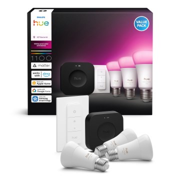 Sākuma komplekts Philips Hue WHITE AND COLOR AMBIANCE 3xE27/8,1W 1000-20000K + savienošanas ierīce