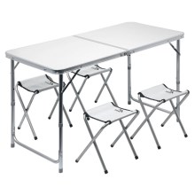 Saliekams kempinga galds + 4x krēsls balts/hroms