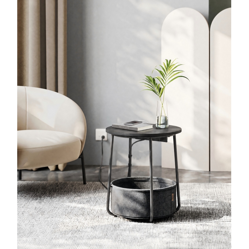 Sānu galdiņš ar iebūvētām kontaktligzdām un USB portiem NOIRA 45 cm pelēks/melns