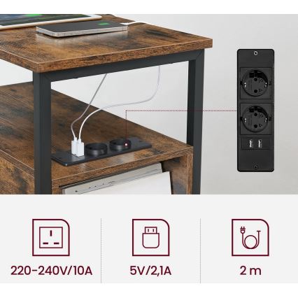 Sānu galdiņš ar iebūvētām kontaktligzdām un USB portiem ROD brūns/melns