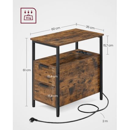Sānu galdiņš ar iebūvētām kontaktligzdām un USB portiem ROD brūns/melns