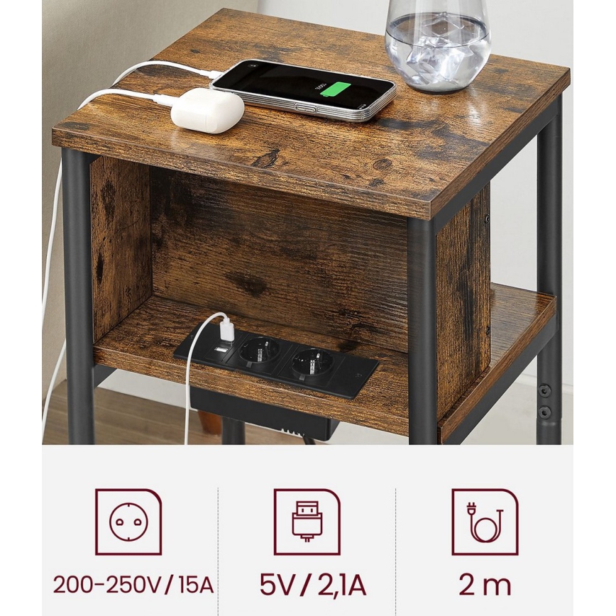 Sānu galdiņš ar iebūvētām kontaktligzdām un USB portiem ROD brūns/melns