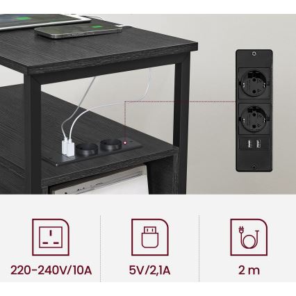 Sānu galdiņš ROD ar iebūvētām kontaktligzdām un USB portiem — melns