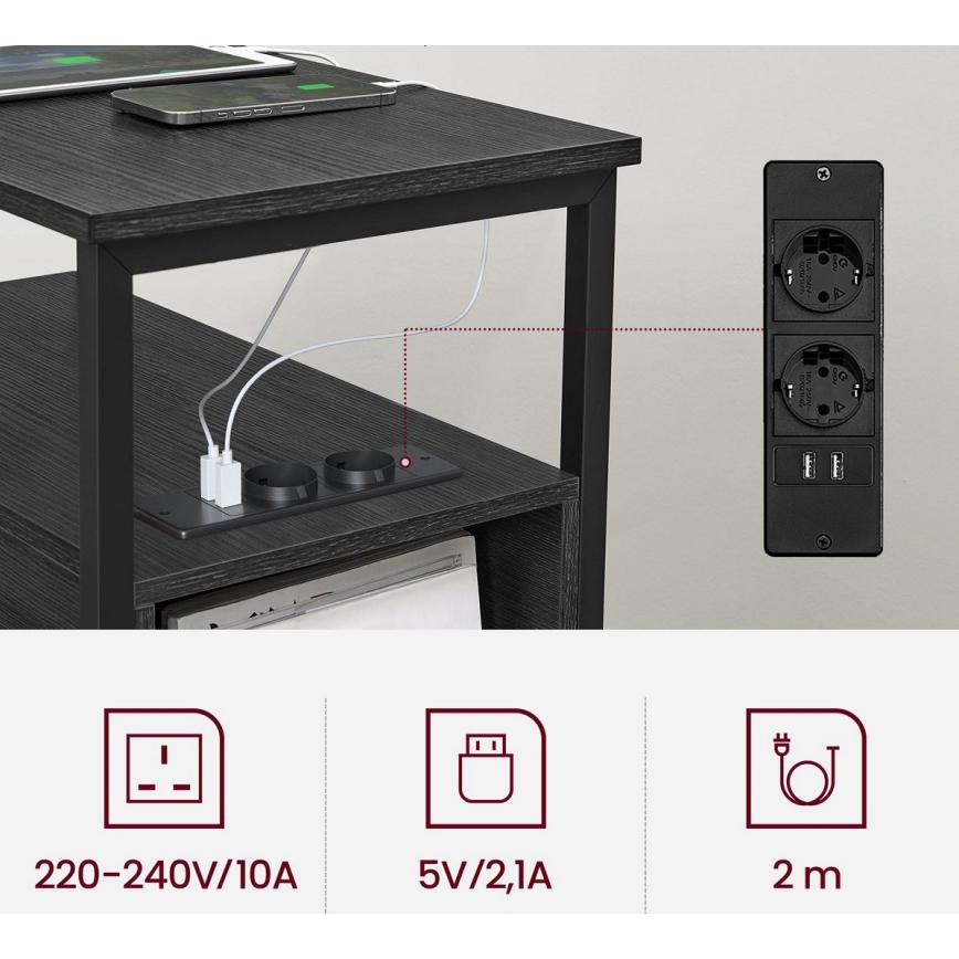 Sānu galdiņš ROD ar iebūvētām kontaktligzdām un USB portiem — melns
