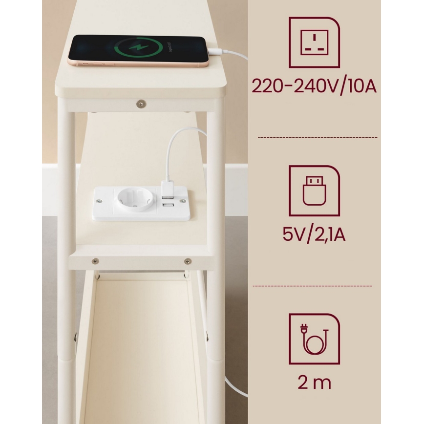 Sānu galdiņš ROD ar iebūvētu kontaktligzdu un USB portiem, balts/krēmīgs