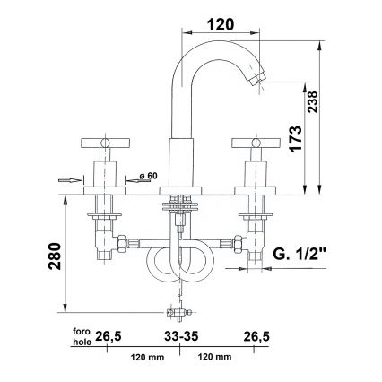 Sapho - 3 caurumu izlietnes jaucējkrāns AXIA 23,8 cm spīdīgs hroms