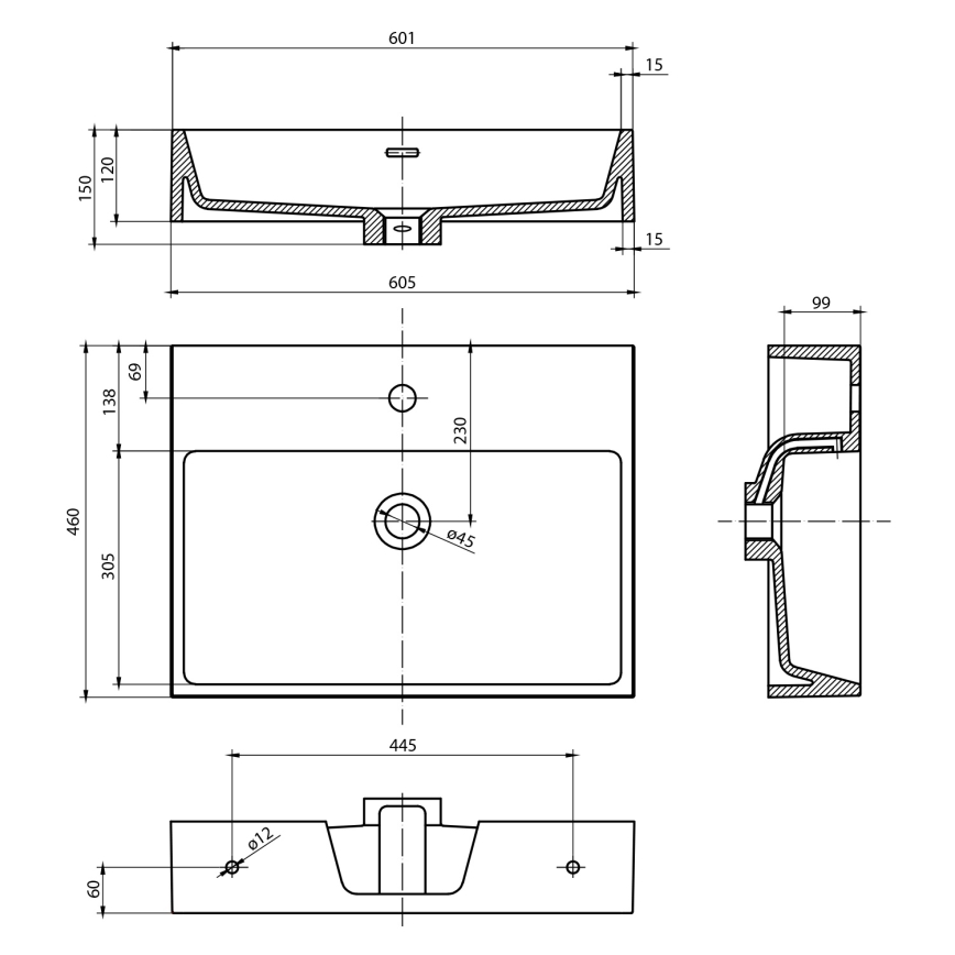 Sapho - sienas uzstādāma izlietne AQUATIC 60x46 cm keramika/balta