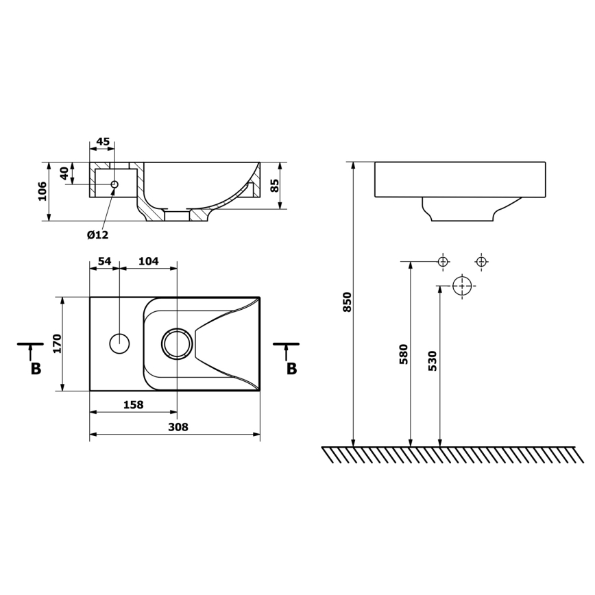 Sapho - Sienas uzstādāma izlietne PICCOLINO 31x17 cm kreisā/lietais marmors/balta