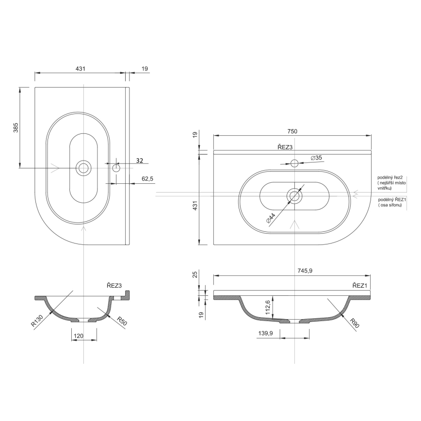 Sapho - Stūra iebūvējamā izlietne PULSE 75x43 cm marmora/balta