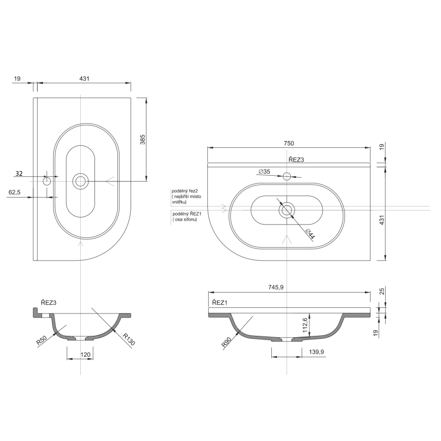 Sapho - Stūra iebūvējama izlietne PULSE 75x43 cm marmors/balta