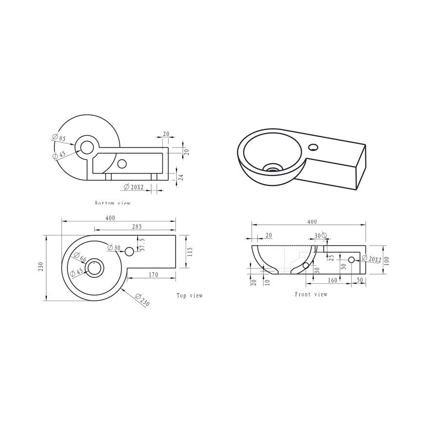 Sapho - Stūra piekaramā izlietne BLOK 40x23 cm labā/antracīts