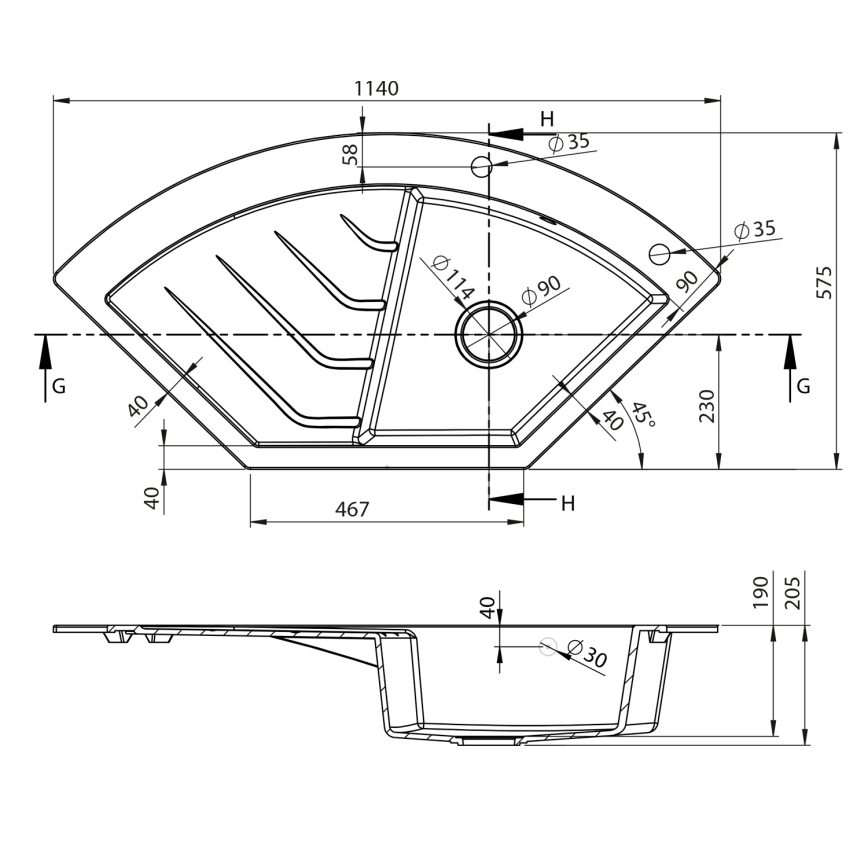Sapho - Stūra virtuves izlietne 114x57,5 cm granīts/melna