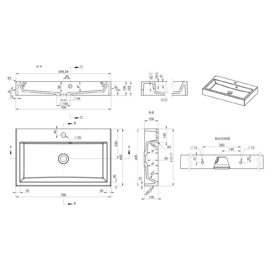 Sapho - uz virsmas novietojama izlietne ORINOKO 70x42 cm marmors/balta