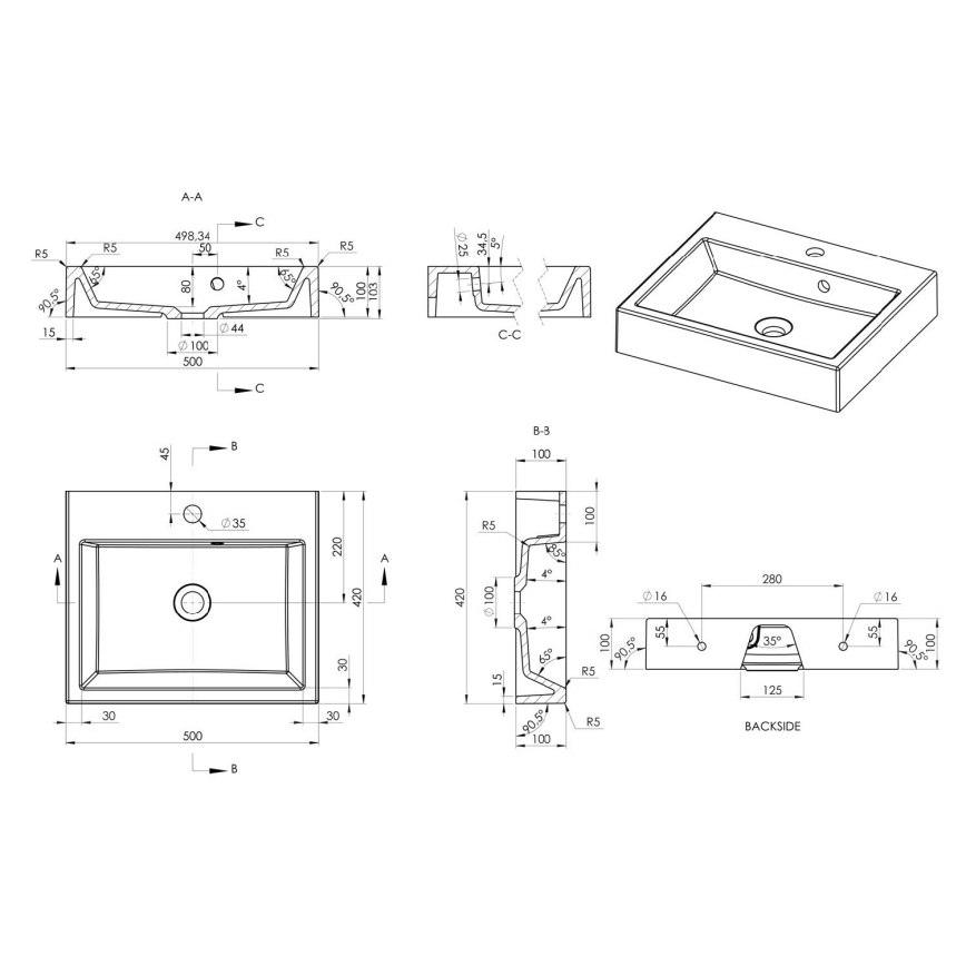 Sapho - uz virsmas uzstādāma izlietne ORINOKO 50x42 cm marmors/balta