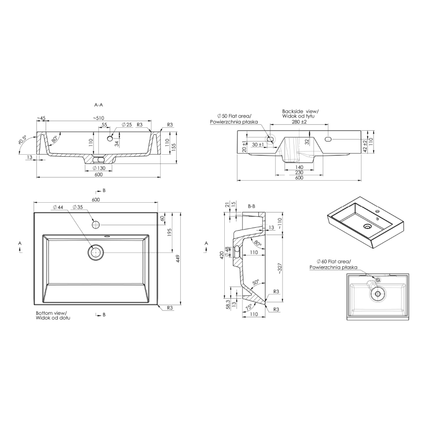 Sapho - Uz virsmas uzstādāma izlietne ORINOKO 60x45 cm marmors/balta