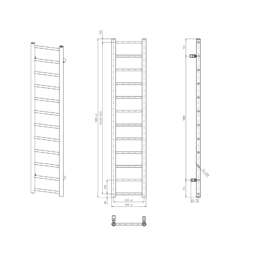 Sapho - vannas istabas radiators DINA, 278 W, 30 x 138 cm, matētā melnā krāsā