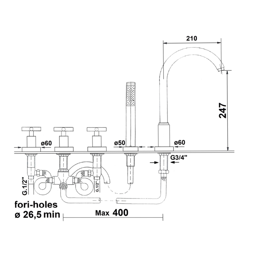 Sapho - Vannas jaucējkrāns AXIA, 5 atveru, spīdīgs hroms