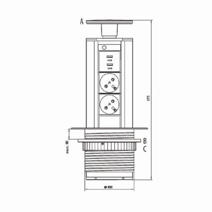 Savienojuma kontaktligzdas statīvs galda virsmai 2x230V +USB-A 3,1A +UBS-C 15,5W 230V