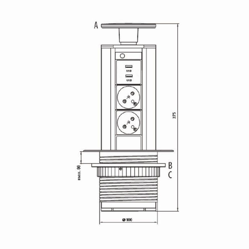 Savienojuma kontaktligzdas statīvs galda virsmai 2x230V +USB-A 3,1A +UBS-C 15,5W 230V