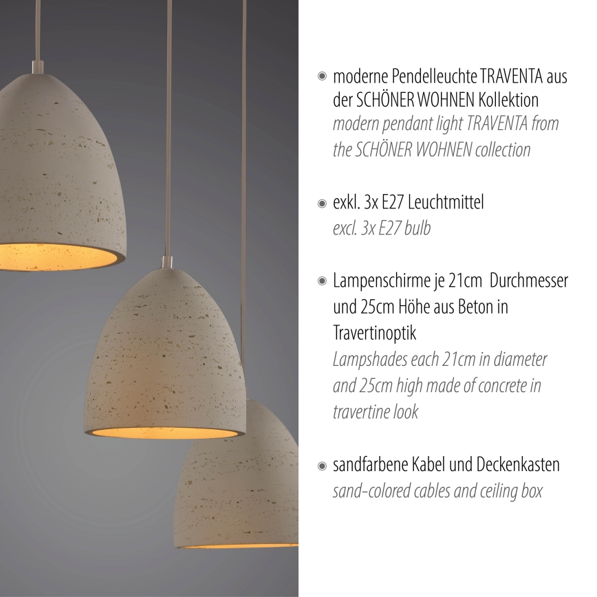 Schöner Wohnen 12541-42 - Pakarināmā lampa TRAVENTA ar trosi 3xE27/40W/230V, betona apdare