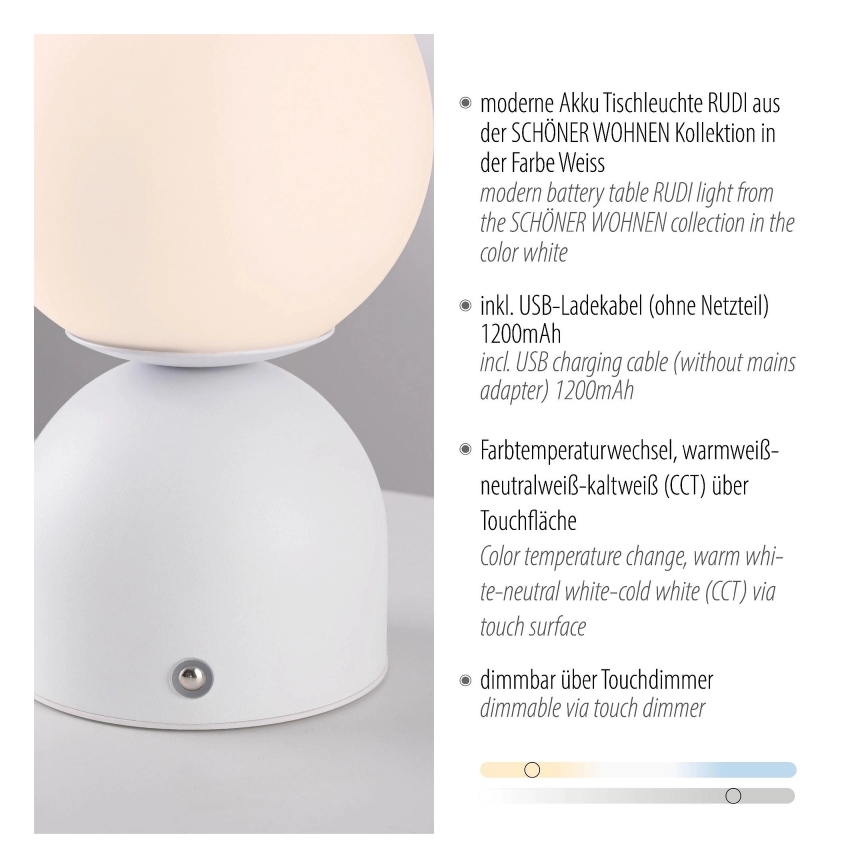 Schöner Wohnen 19218-16 - LED regulējama skārienvadāma uzlādējamā galda lampa RUDI LED/1,2W/5V 3000-6000K 1200 mAh balta