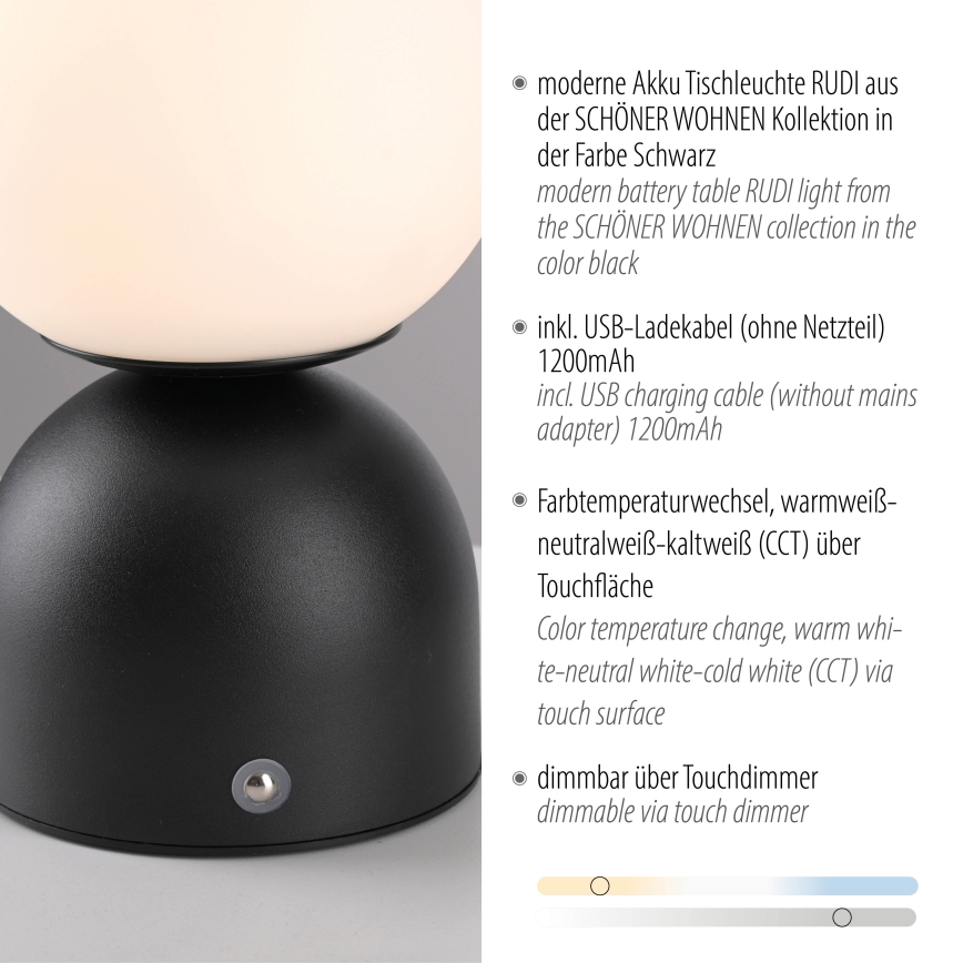 Schöner Wohnen 19218-18 - LED dimējama skārienjūtīga uzlādējama galda lampa RUDI LED/1,2W/5V 3000-6000K 1200 mAh melna