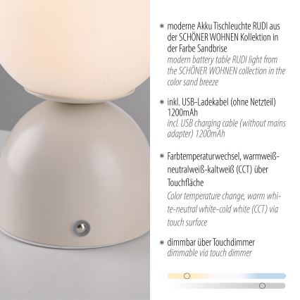 Schöner Wohnen 19218-39 - LED ar regulējamu spilgtumu un skārienkontroli, uzlādējama galda lampa RUDI LED/1,2W/5V 3000-6000K 1200 mAh pelēka