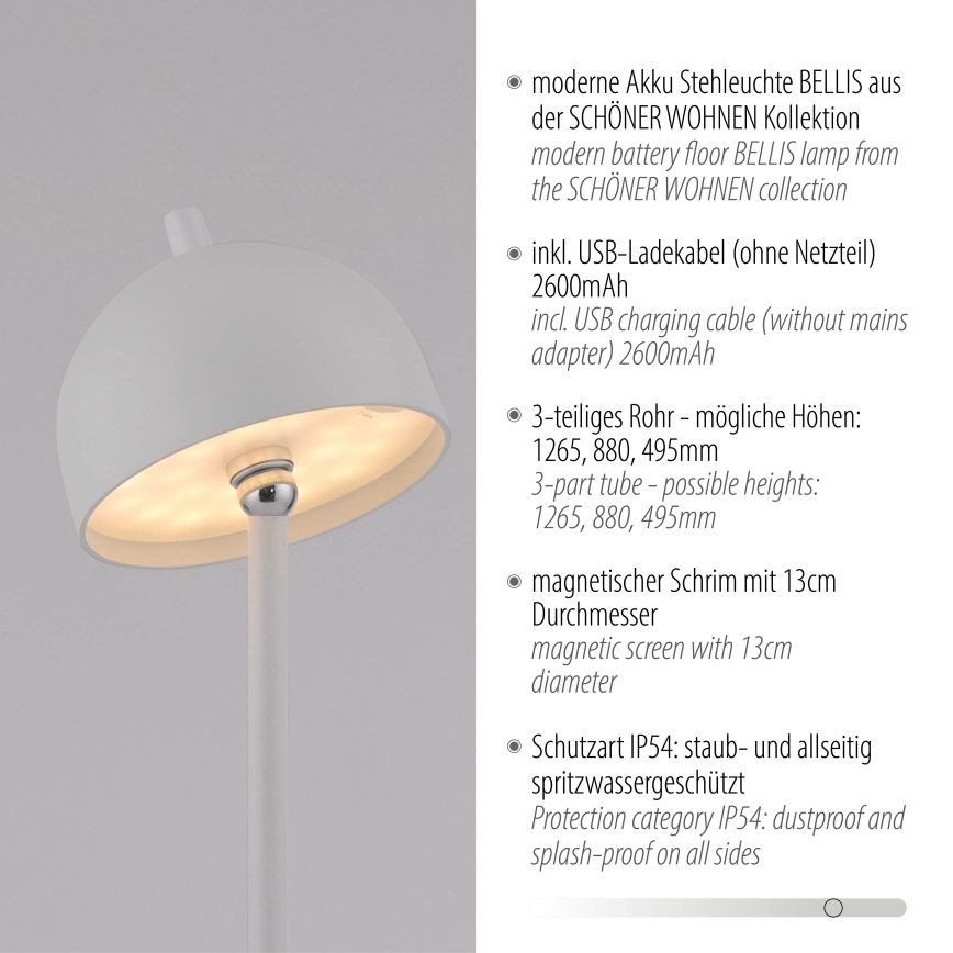 Schöner Wohnen 19245-16 - LED regulējama skārienjutīga uzlādējamā āra stāvlampa BELLIS LED/2,5W/5V 2600 mAh IP54 balta