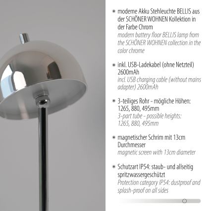 Schöner Wohnen 19245-17 - BELLIS āra LED stāvlampa, skārienjūtīga un regulējama, uzlādējama, LED/2,5W/5V 2600 mAh IP54, spīdīgs hroms