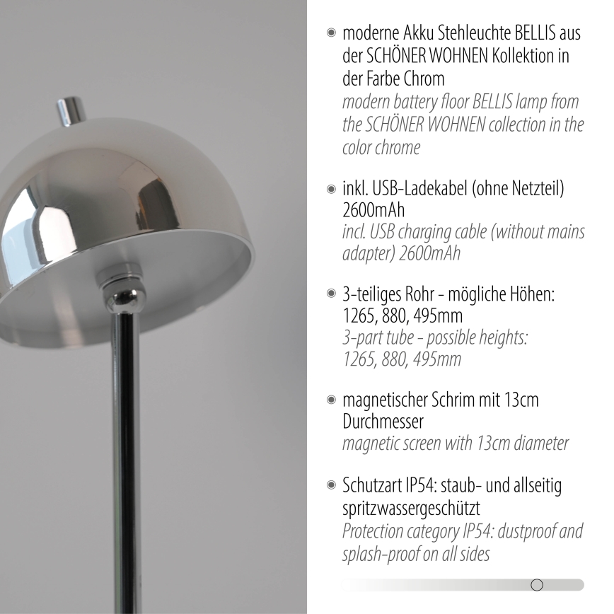 Schöner Wohnen 19245-17 - BELLIS āra LED stāvlampa, skārienjūtīga un regulējama, uzlādējama, LED/2,5W/5V 2600 mAh IP54, spīdīgs hroms