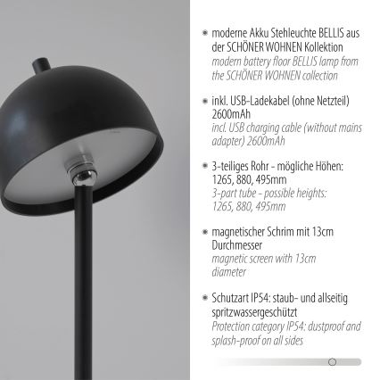 Schöner Wohnen 19245-18 - LED skārienvadāma, ar regulējamu spilgtumu, uzlādējama āra stāvlampa BELLIS LED/2,5W/5V 2600 mAh IP54 melna