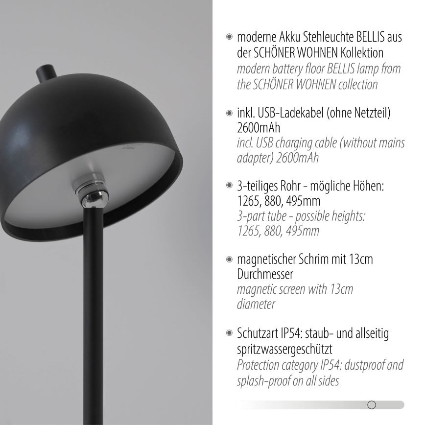 Schöner Wohnen 19245-18 - LED skārienvadāma, ar regulējamu spilgtumu, uzlādējama āra stāvlampa BELLIS LED/2,5W/5V 2600 mAh IP54 melna