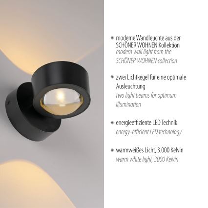 Schöner Wohnen 19331-18 - LED sienas gaismeklis CHIA 2xLED/2W/230V melns